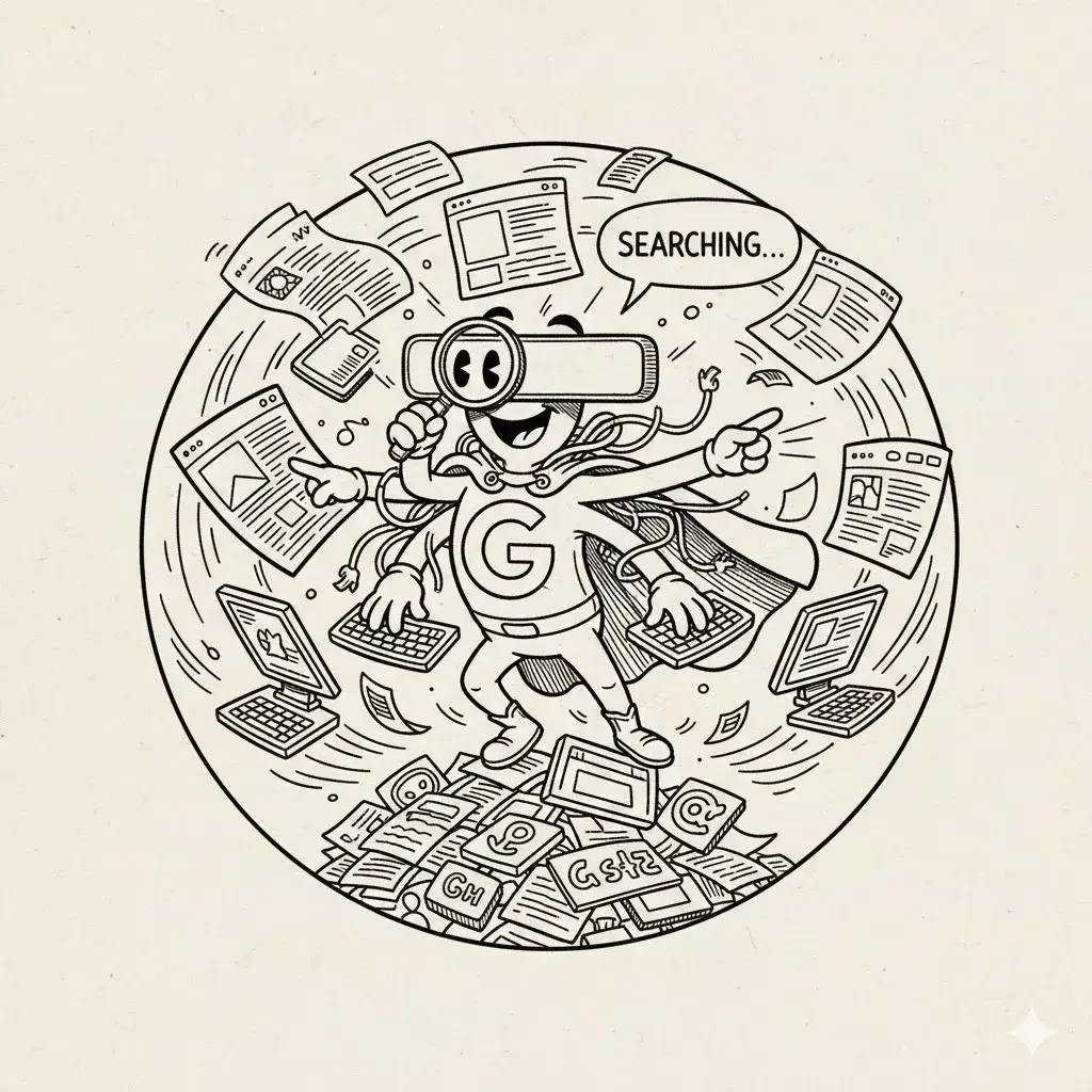 Line drawing of a search engine mascot with a search bar for a face, surrounded by flying web pages and saying "Searching…"