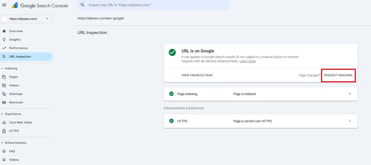 inspección de URL Google Search Console
