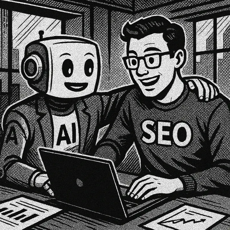 Black and white illustration of a robot in an "AI" shirt with its arm around a specialist in an "SEO" sweater, both working at a laptop