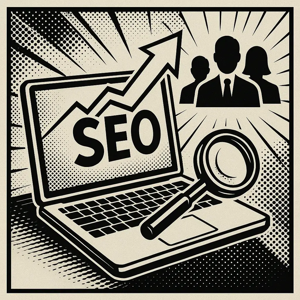 Comic-style illustration of a laptop showing the word "SEO", a rising arrow, a magnifying glass and the silhouettes of a business team