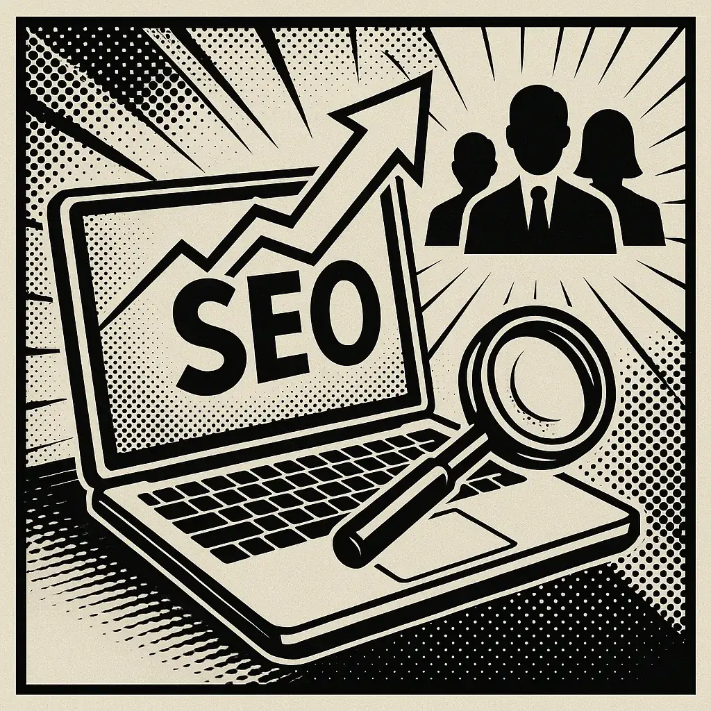 Comic-style illustration of a laptop showing the word "SEO", a rising arrow, a magnifying glass and the silhouettes of a business team