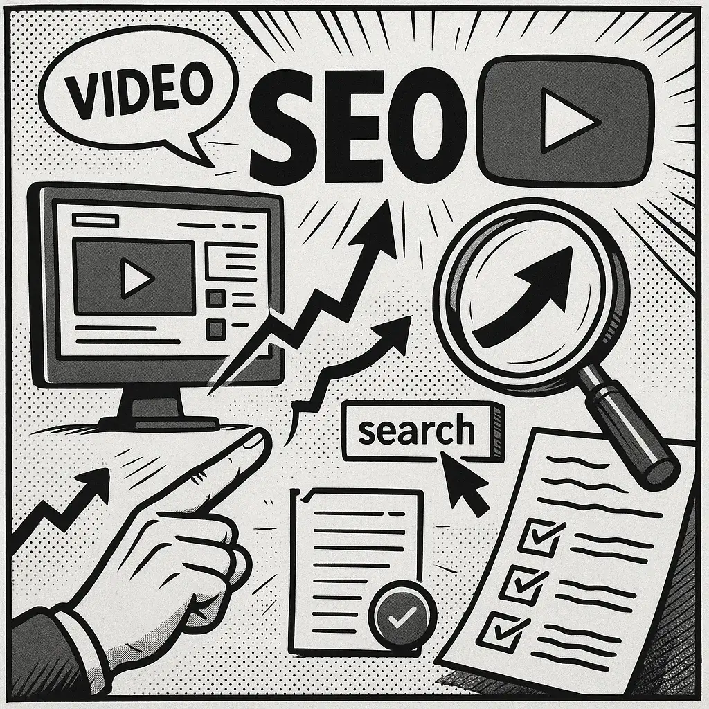 Comic-style illustration with a monitor playing a video, the YouTube logo, a magnifying glass and rising arrows under the heading "Video SEO"