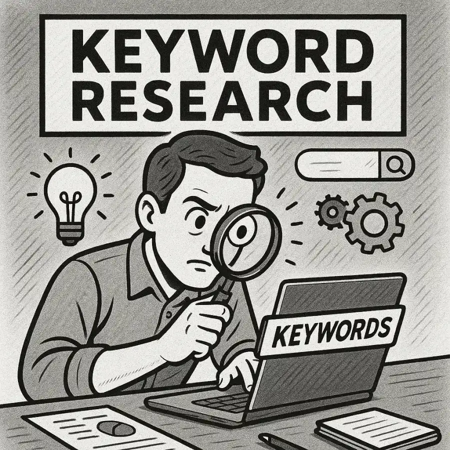 Illustration of a man examining a laptop screen full of keywords through a magnifying glass, under the heading "Keyword Research"