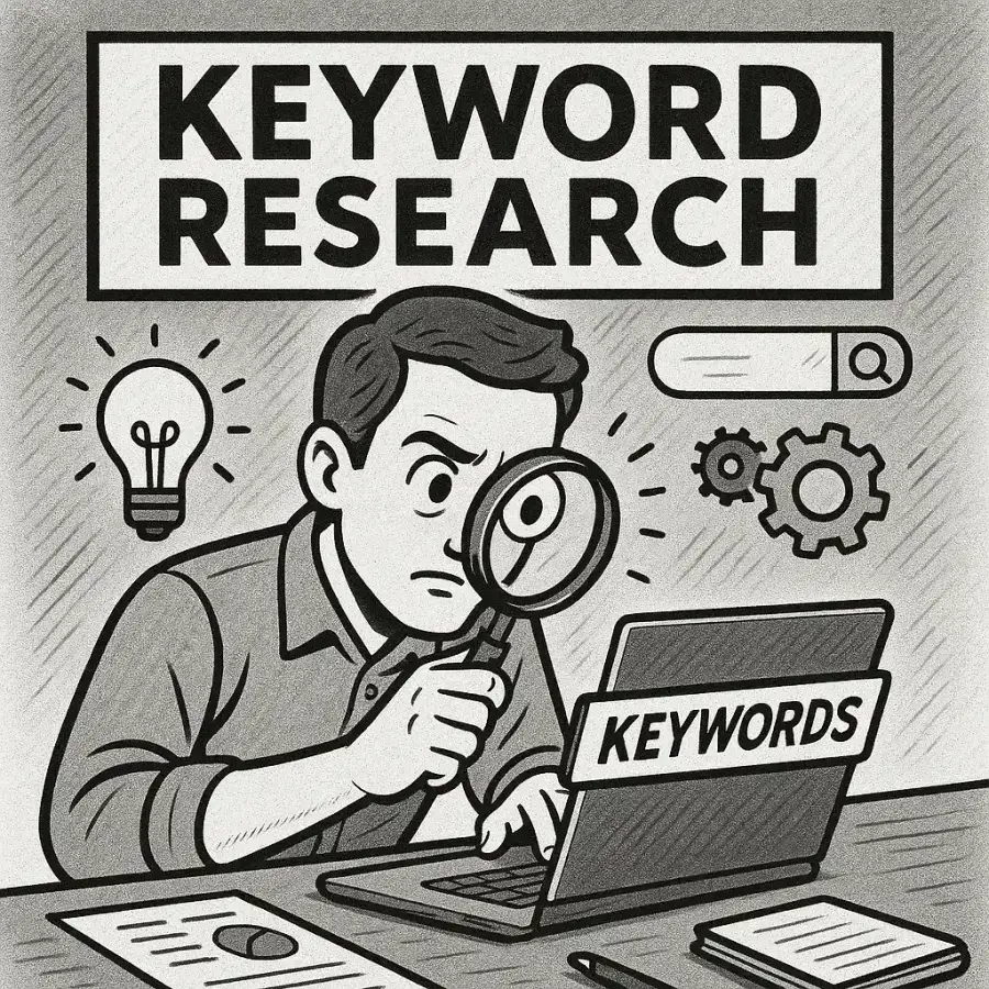 Illustration of a man examining a laptop screen full of keywords through a magnifying glass, under the heading "Keyword Research"