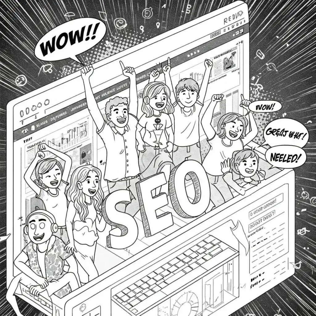 Illustration of a group of people cheering in front of a giant monitor, with the word "SEO" in the foreground