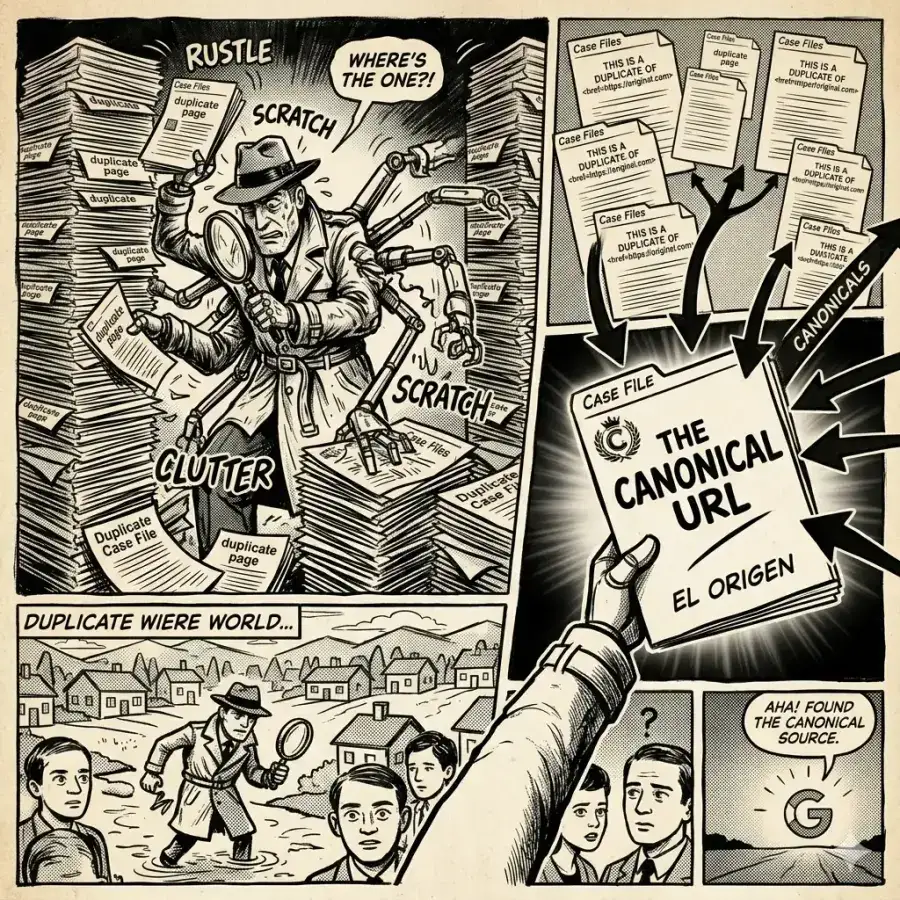 Comic panel where a detective with a magnifying glass searches through stacks of duplicate documents until he finds the canonical URL