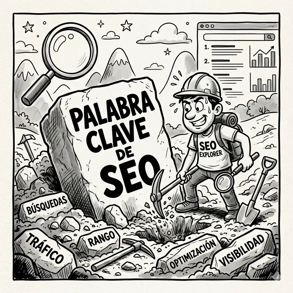 Illustration of an explorer in a hard hat chipping away at a boulder carved with "SEO keyword", surrounded by rocks labeled traffic, ranking and visibility