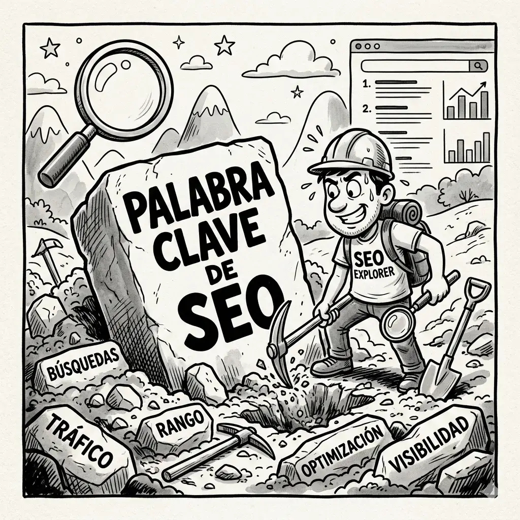 Illustration of an explorer chipping at a rock carved with "SEO keyword", surrounded by searches, traffic and rankings