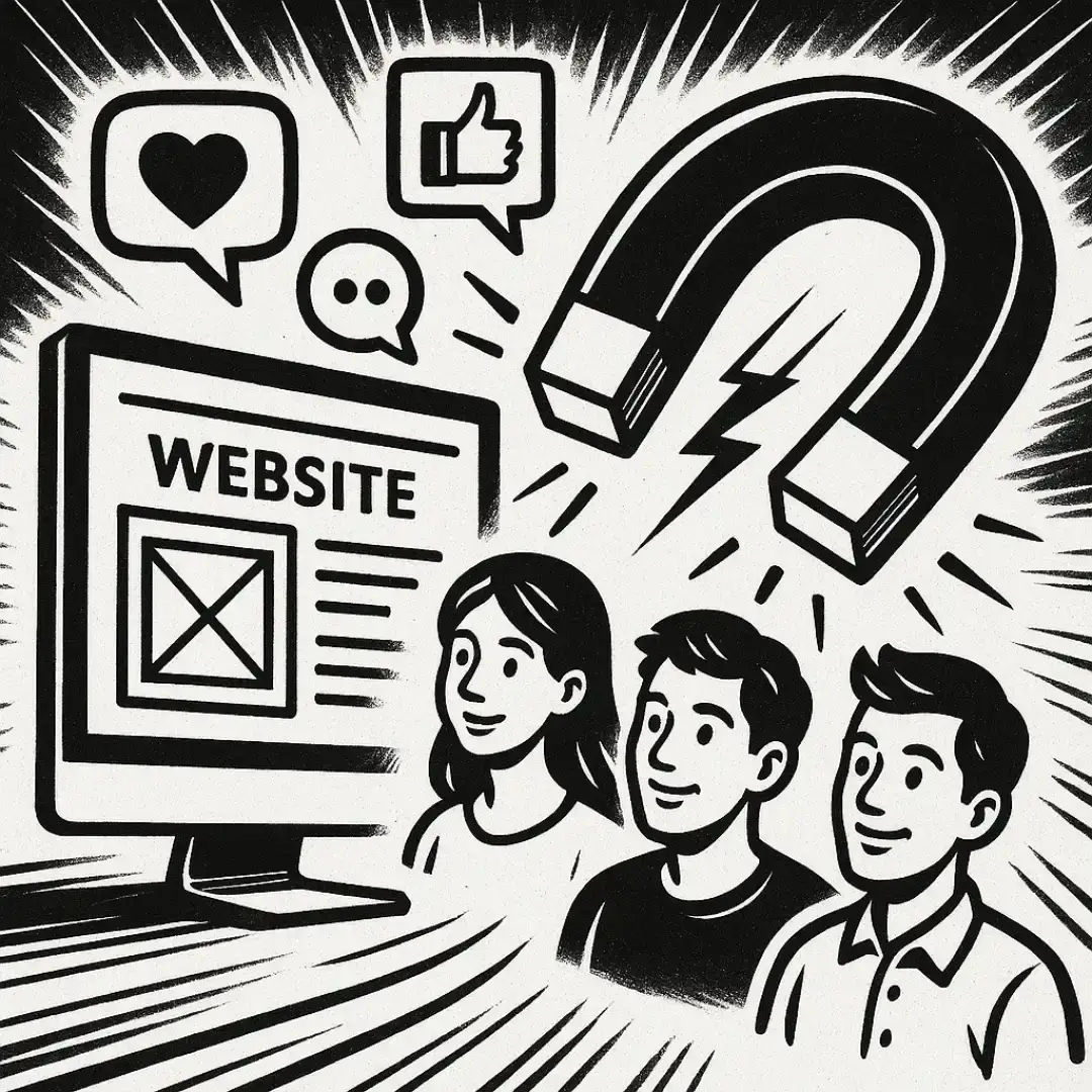 Black and white illustration of a giant magnet pulling three smiling people toward a monitor labeled "Website"