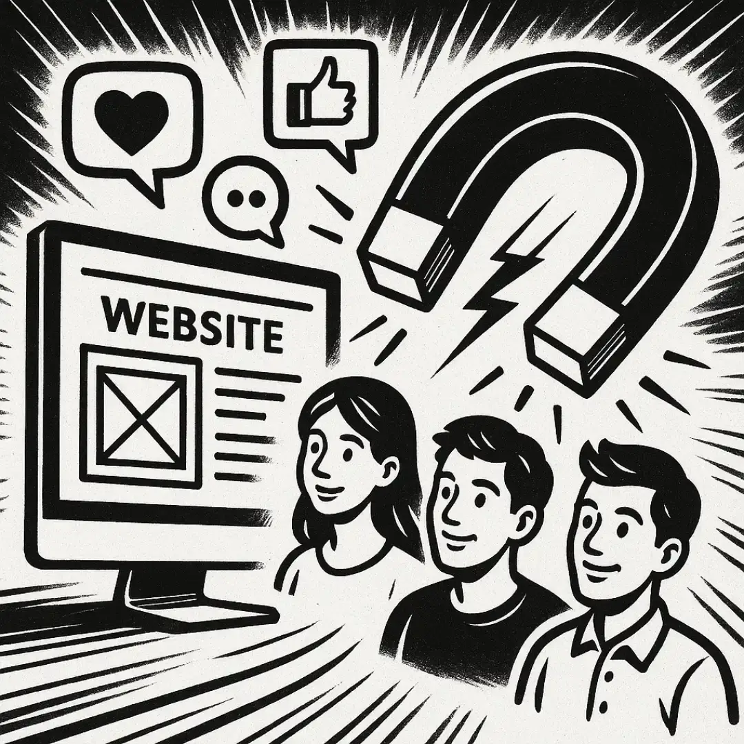 Black and white illustration of a giant magnet pulling three smiling people toward a monitor labeled "Website"