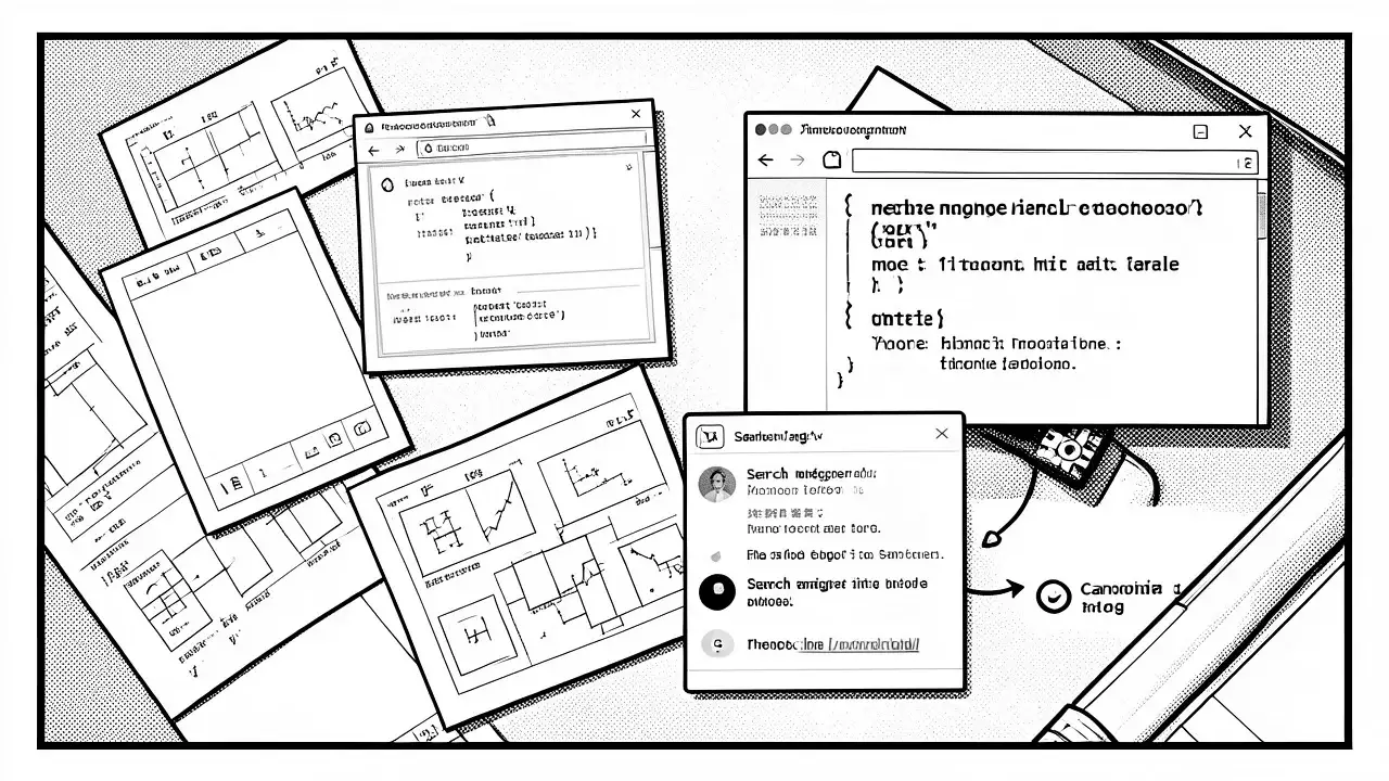 Illustration of browser windows with meta tag code, a search result and charts on a desk