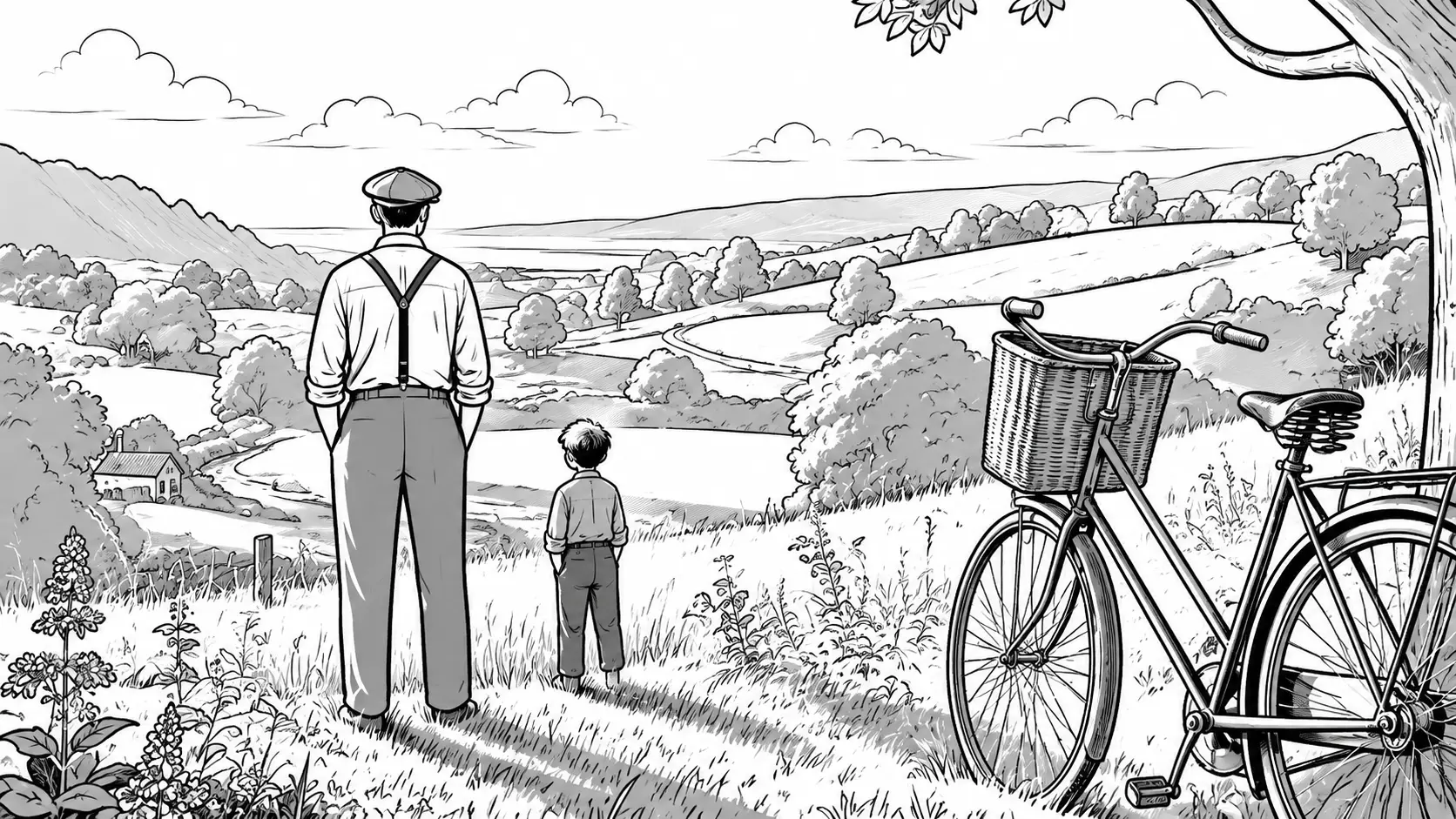 Ilustración en blanco y negro de un hombre y un niño de espaldas contemplando un valle campestre, con una bicicleta de canasta apoyada junto a un árbol