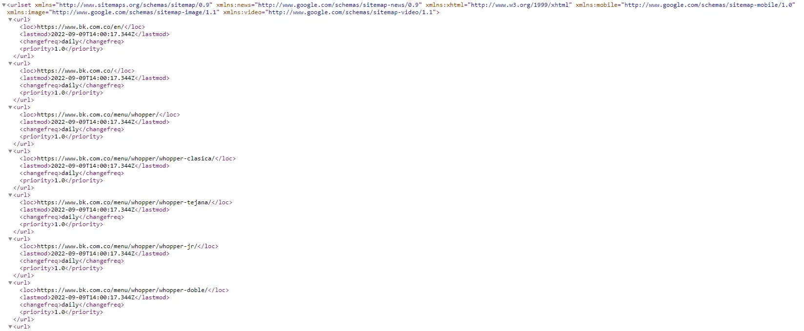 A sitemap.xml file open in the browser, showing a site's URLs with their last modified date and priority