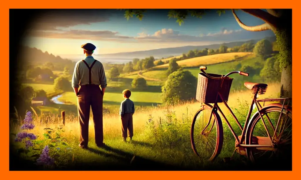 Nostalgic illustration of a man and a boy looking out over a green valley at sunset, beside a vintage bicycle leaning against a tree