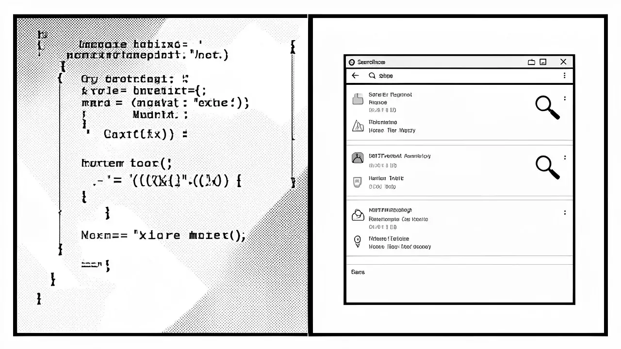 Illustration of HTML code on the left and a list of search results with magnifying glasses on the right