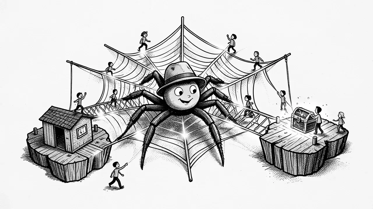 Dibujo de una araña con sombrero tejiendo una telaraña que funciona como puente entre una casa y un cofre del tesoro, mientras personas la recorren