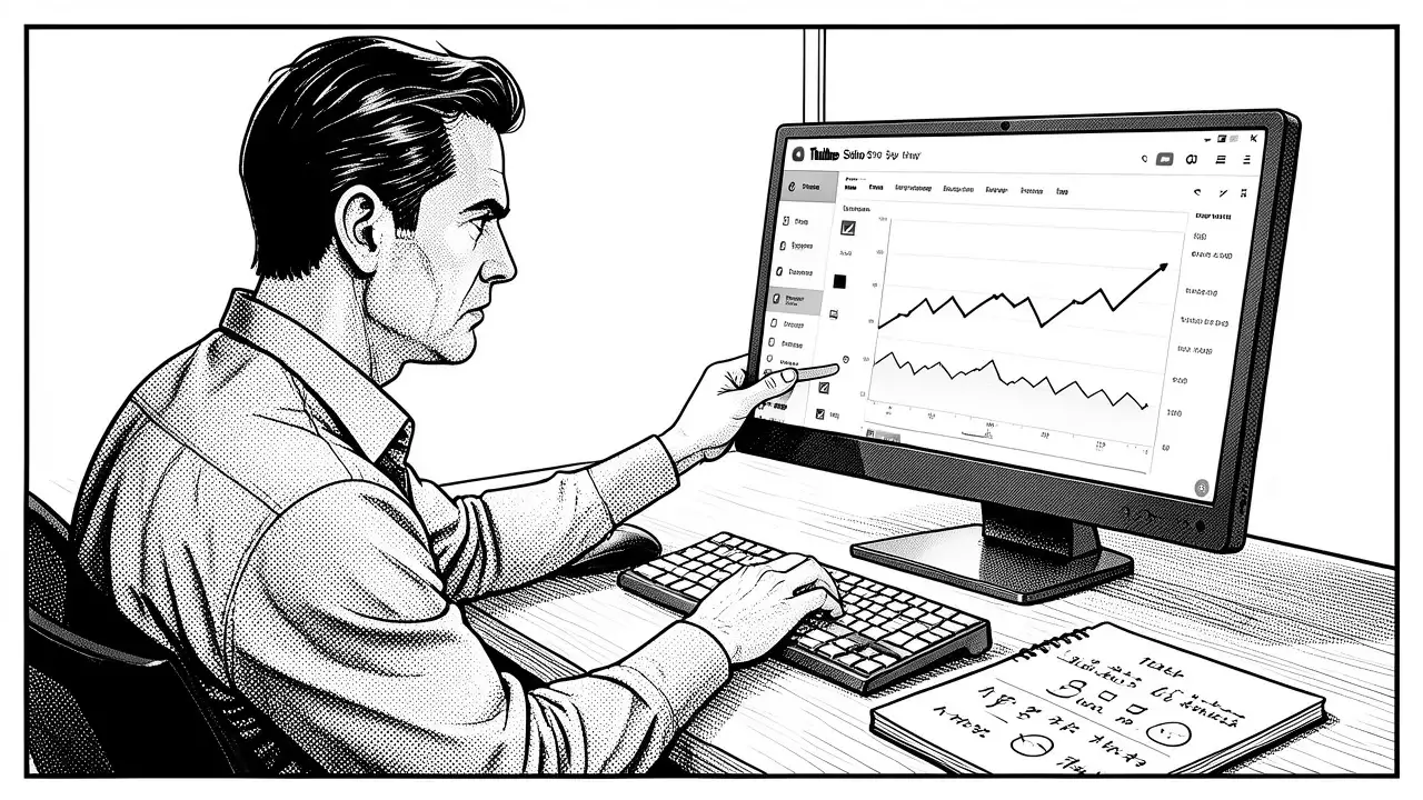 Man pointing at his YouTube channel performance chart on a computer screen