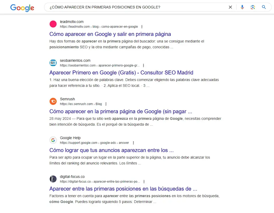 primera posiciones de google, resultados en el top para busquedas