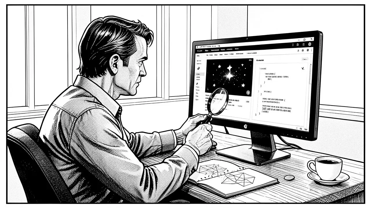 Hombre revisando con una lupa el código de datos estructurados en la pantalla de su computador