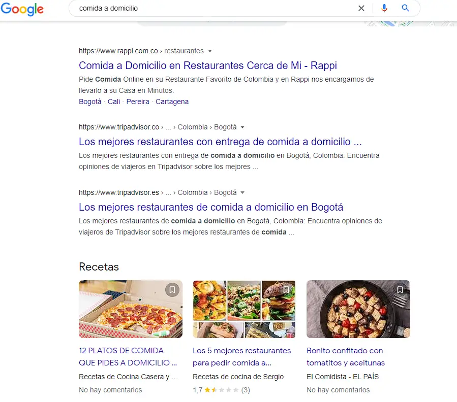 Google results for a food delivery search, with blue title links from Rappi and Tripadvisor and a recipe carousel below